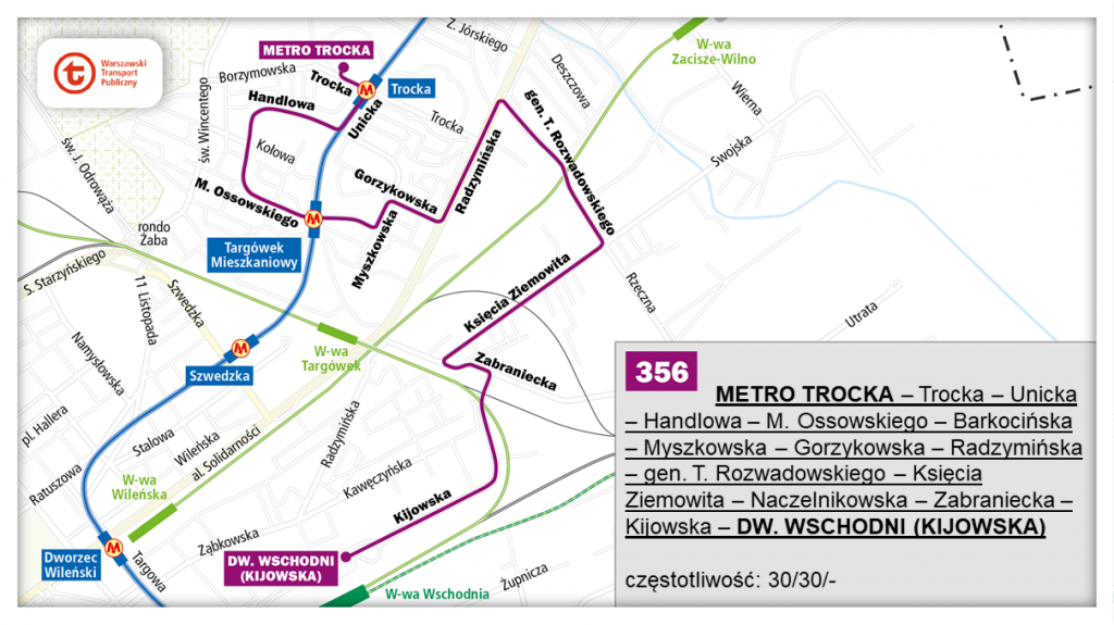 schemat proponowanego przebiegu linii 356 po otwarciu północnowschodniego odcinka linii metra M2