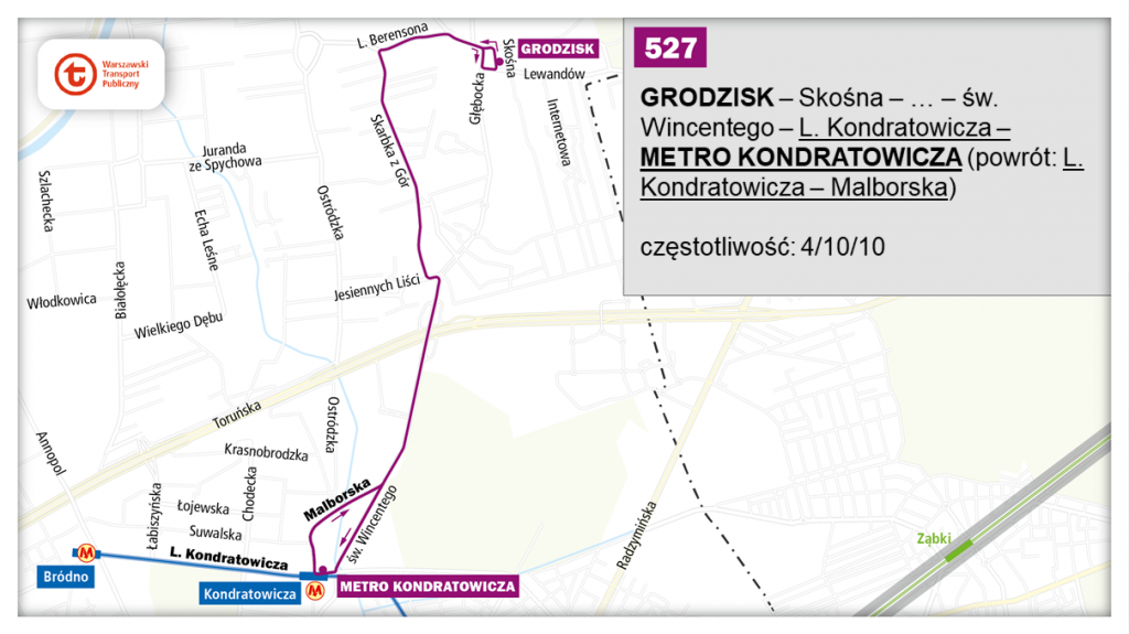schemat proponowanego przebiegu linii 527 po otwarciu północnowschodniego odcinka linii metra M2