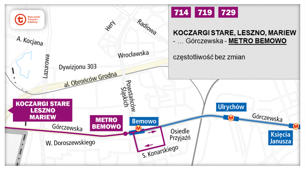 schemat proponowanego przebiegu linii 714, 719 i 729 po otwarciu bemowskiego odcinka linii metra M2