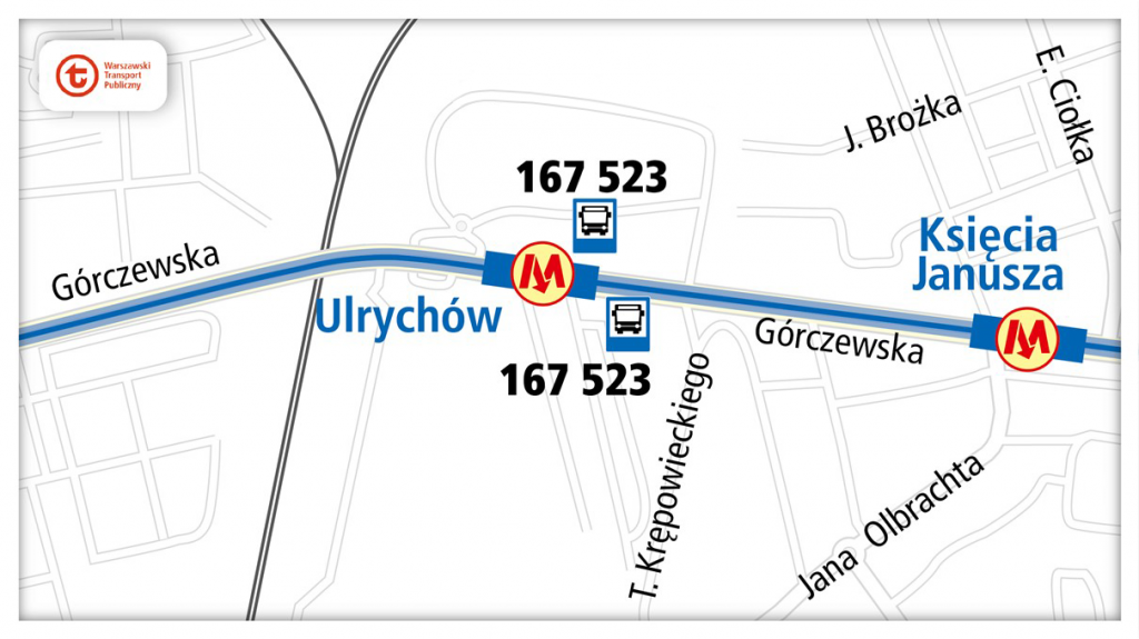 schemat dojazdu komunikacją miejską do stacji metra Ulrychów