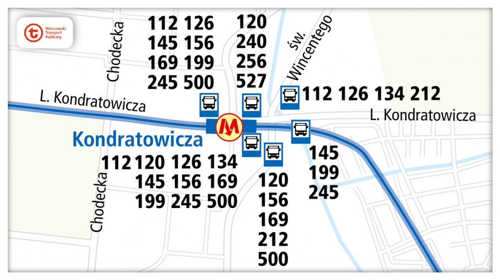 schemat dojazdu komunikacją miejską do stacji metra Kondratowicza
