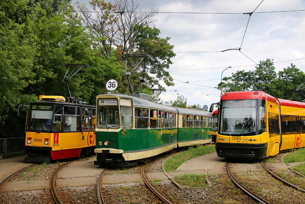 Tram type 102N from Poznań on the route 36, next to two normal trams