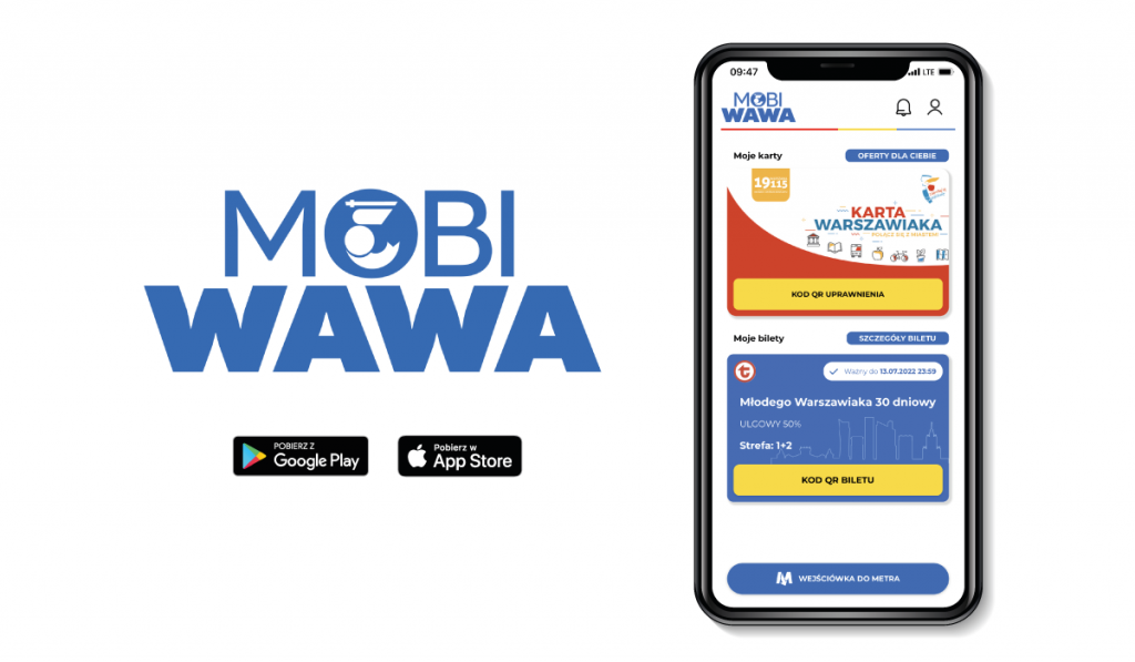 grafika przedstawiająca logotyp mobiWAWA, logotypy sklepów internetowych oraz wygląd aplikacji