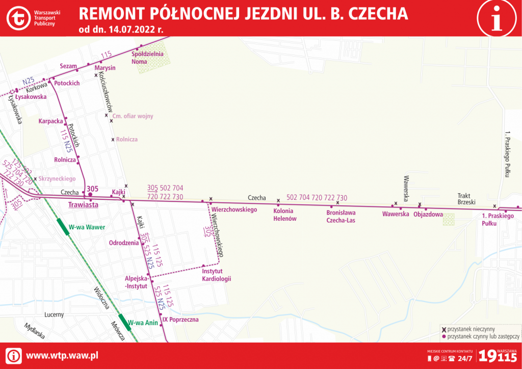 schemat zmian w komunikacji miejskiej podczas remontu północnej jezdni ulicy Czecha