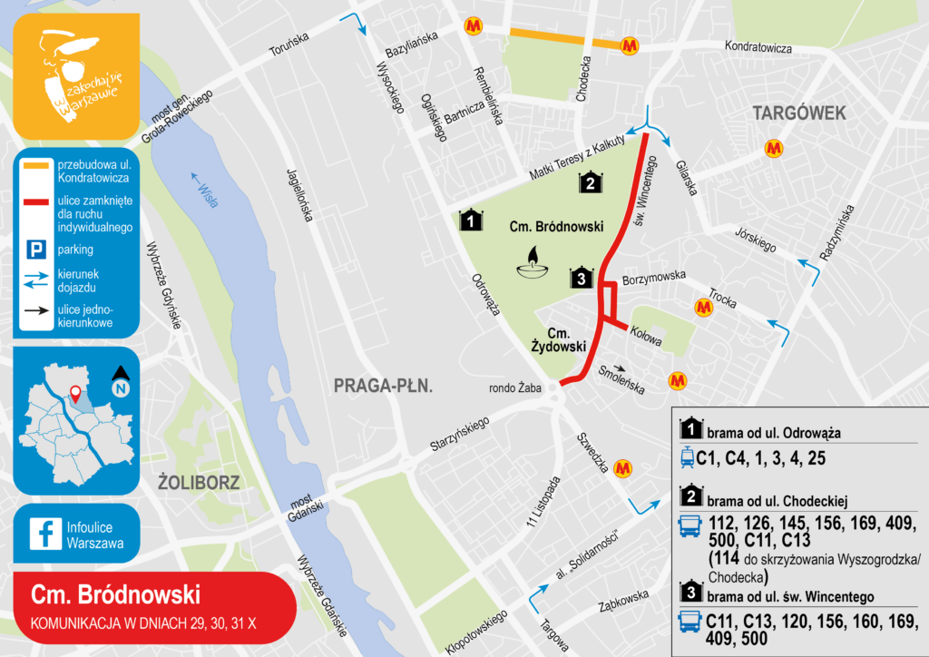 organizacja ruchu drogowego w rejonie cmentarza Bródnowskiego w dniach 29-31 października 2022 roku
