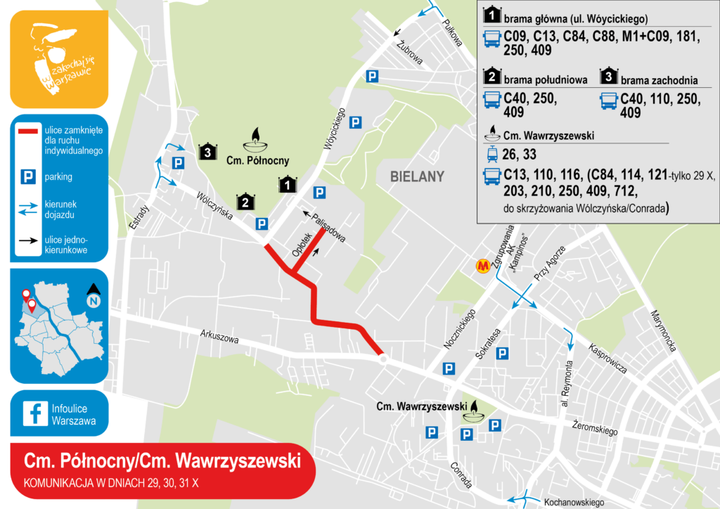 organizacja ruchu drogowego w rejonie cmentarzy Północnego i Wawrzyszewskiego w dniach 29-31 października 2022 roku