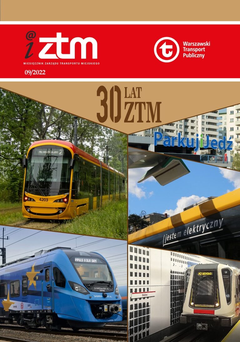 Okładka iZTM 9/2022 na zdjęciach m.in.: tramwaj hyundai, pociąg SKM w barwach Unii Europejskiej, pociąg metra