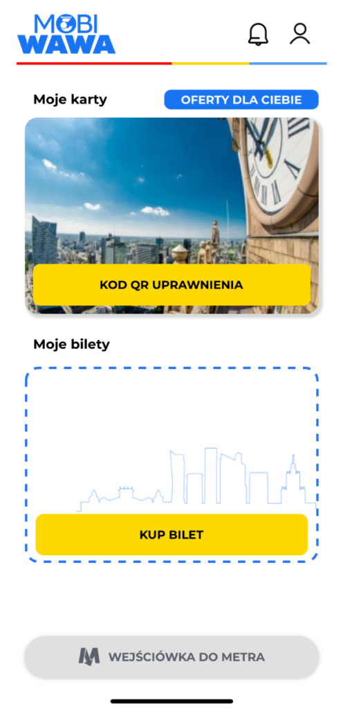 widok ekranu głównego aplikacji mobiWAWA zawierający wirtualną kartę miejską z przyciskami "kod QR uprawnienia" oraz "kup bilet"