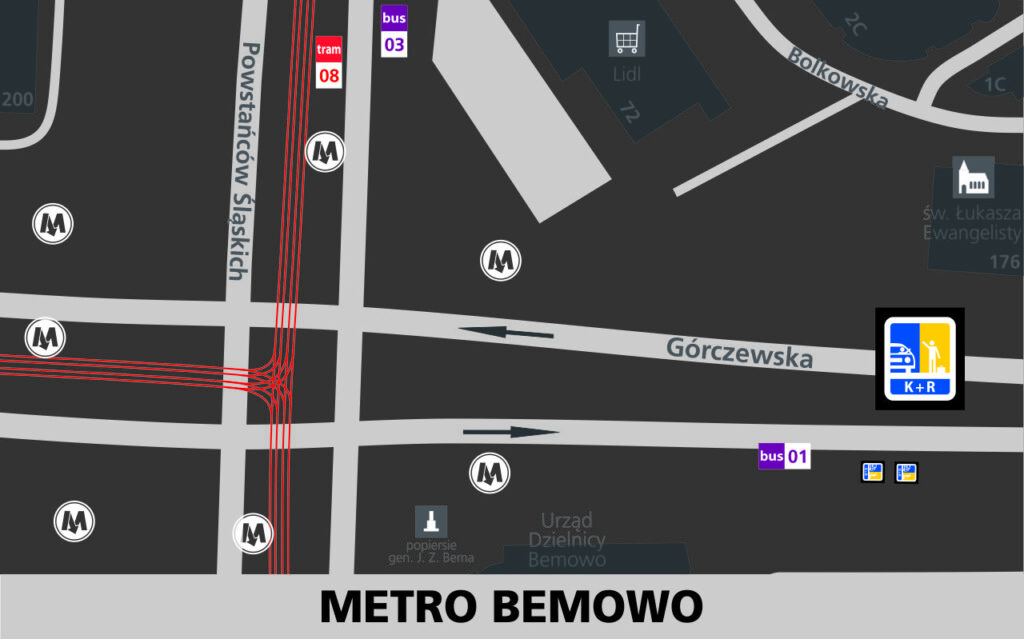 Lokalizacja stref Kiss and Ride w rejonie stacji Metro Bemowo: przy ulicy Górczewskiej w kierunku Śródmieścia - 2 miejsca w rejonie przystanku autobusowego (za przystankiem nr 01).
