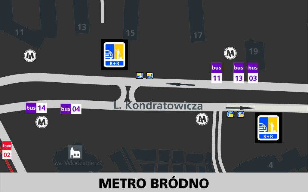 Lokalizacja stref Kiss and Ride w rejonie stacji Metro Bródno: przy ulicy Kondratowicza w obu kierunkach - po 2 miejsca (za uliczką dojazdową w rejonie bazarku w kierunku ul. Łabiszyńskiej oraz przed przelotką między jezdniami w kierunku ul. Rembielińskiej).