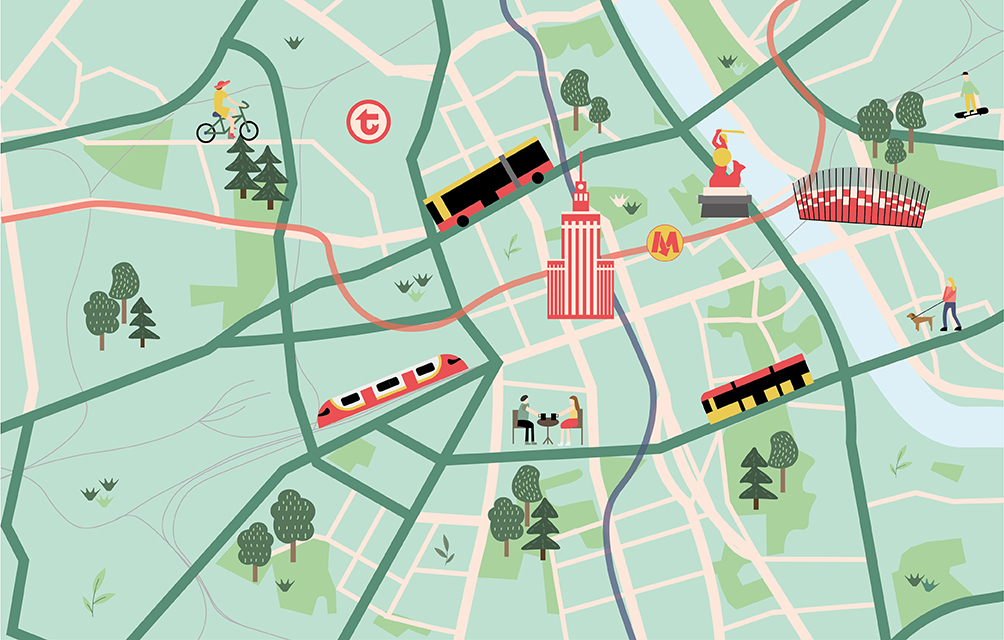 grafika w zielonej kolorystyce przedstawiająca schemat Warszawy z zaznaczonymi charakterystycznymi punktami oraz zpojazdami WTP