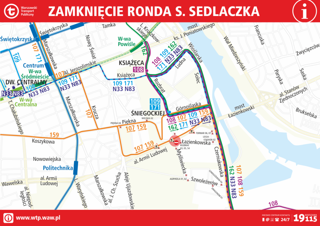 schemat zmian linii autobusowych po zamknięciu ronda Sedlaczka