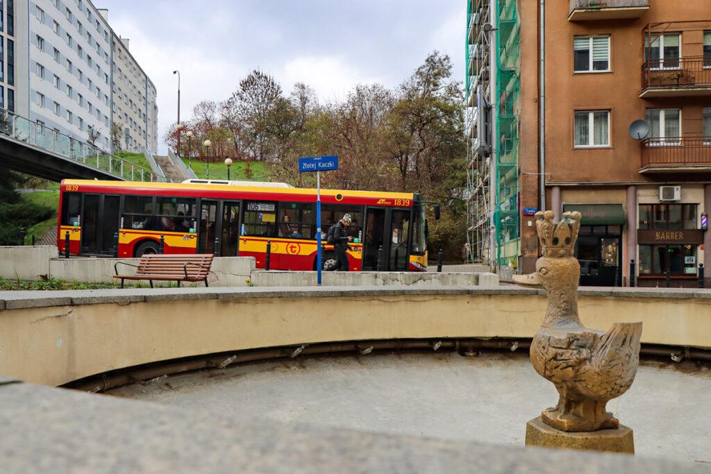 autobus linii 106, na pierwszym planie widać pomnik złotej kaczki