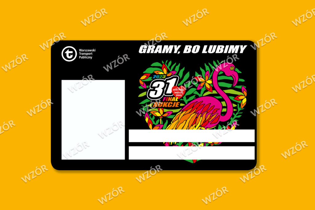grafika karty okazjonalnej z rysunkiem kolorowego flaminga na czarnym tle, logotypem WTP i napisem "Gramy bo lubimy. 31 finał Wielkiej Orkiestry Świątecznej Pomocy 2023"