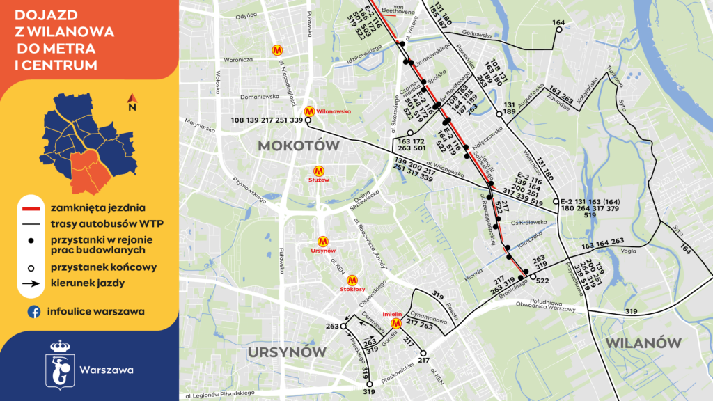 Mapa linii autobusowych w rejonie budowy tramwaju do Wilanowa - propozycje dojazdów do metra