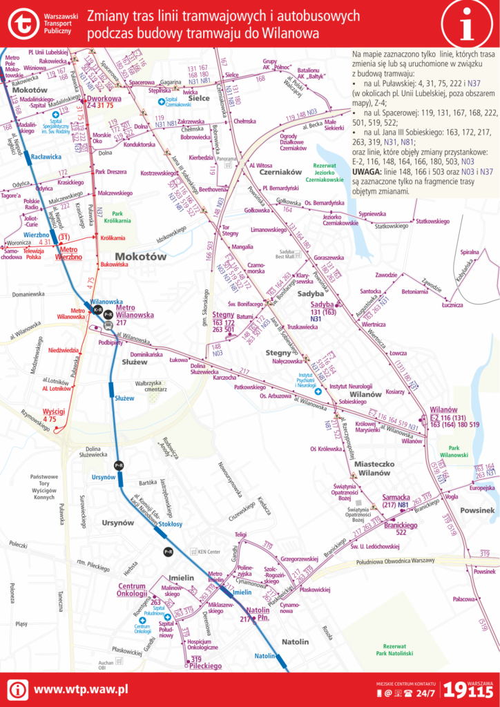 Schemat - Zmiany tras linii tramwajowych i autobusowych podczas budowy tramwaju do Wilanowa