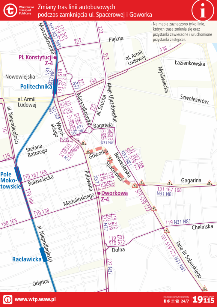 Schemat zmian tras linii autobusowych podczas zamknięcia ulicy Spacerowej i Goworka