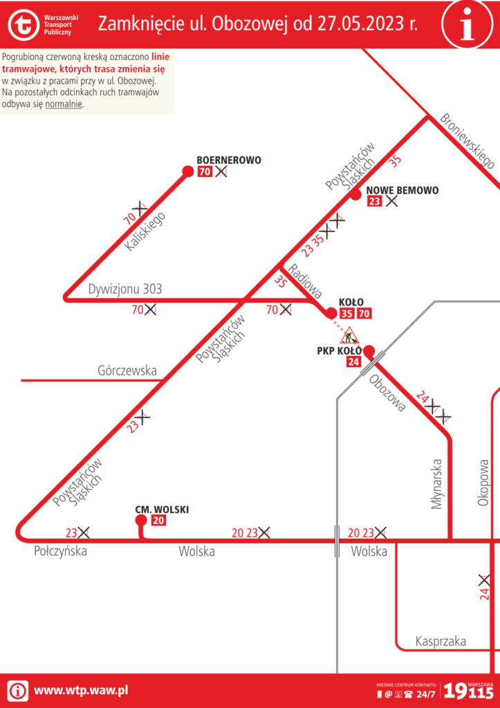 Schemat zmian tras linii tramwajowych podczas zamknięcia ulicy Obozowej