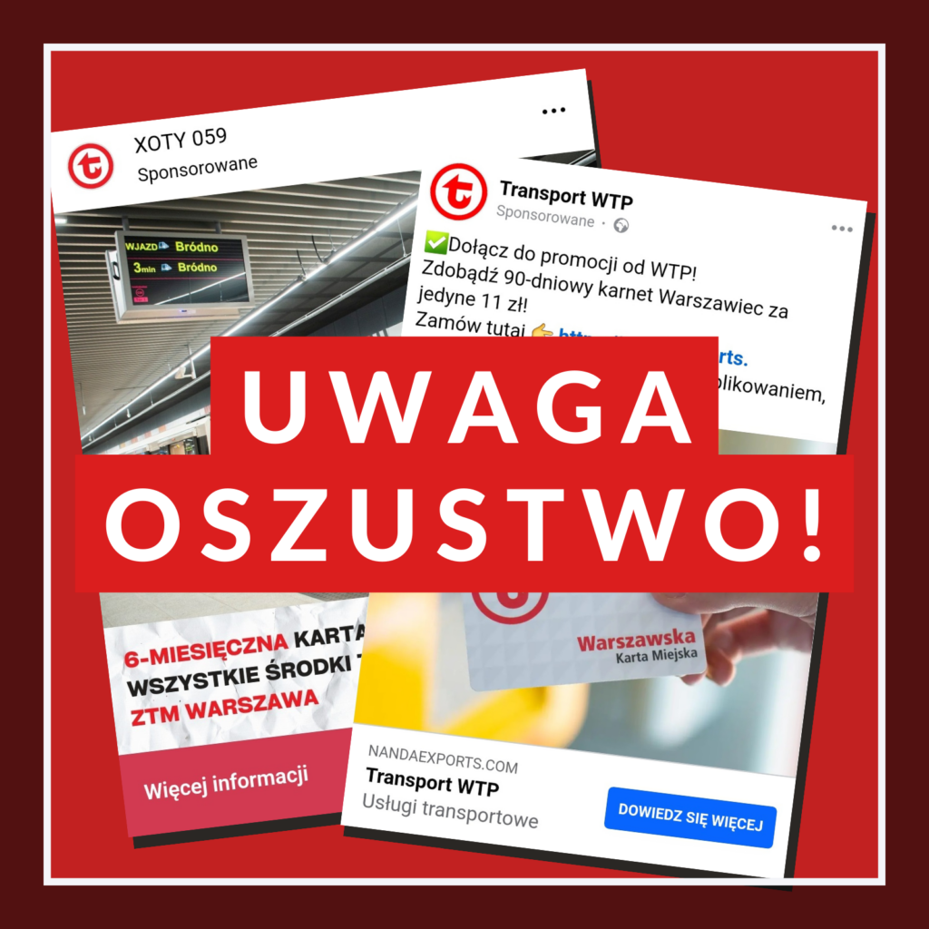 Grafika z hasłem UWAGA OSZUSTWO!, przedstawiająca przykłady postów sponsorowanych w mediach społecznościowych, kierujących do ofert biletów komunikacji miejskiej w śmiesznie niskich cenach.