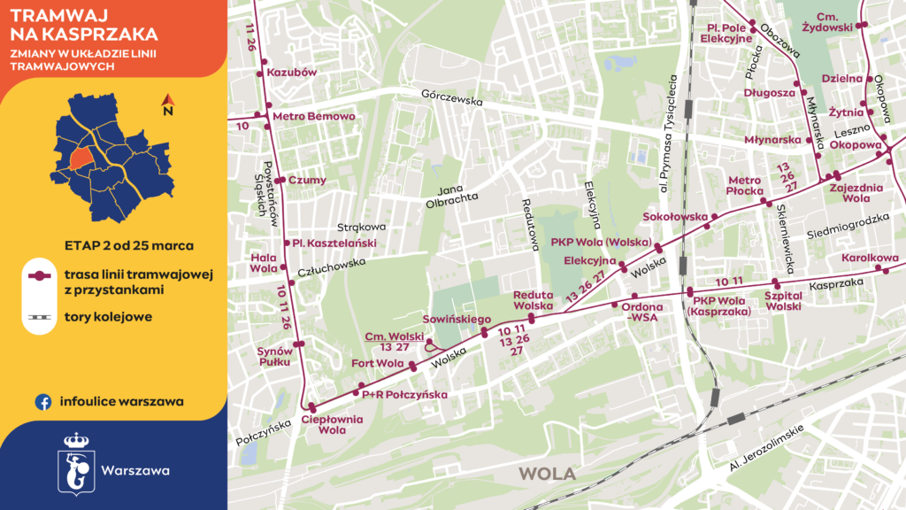 schemat tras linii tramwajowych na Woli po otwarciu trasy wzdłuż Wolskiej od 25 marca 2024