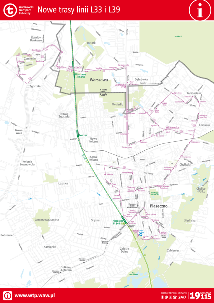 Schemat tras linii autobusowych L33 i L39 w Piasecznie, ważny od 4 marca 2024