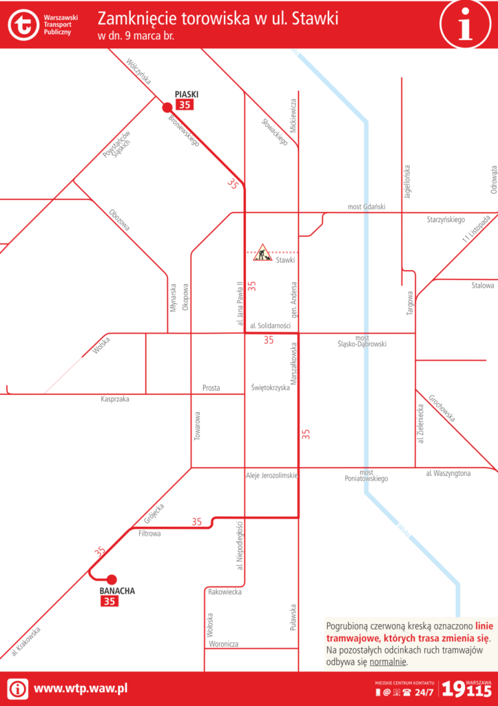 Schemat zmiany trasy dla linii 35 podczas zamknięcia torowiska na ul. Stawki w sobotę 9 marca 2024 roku