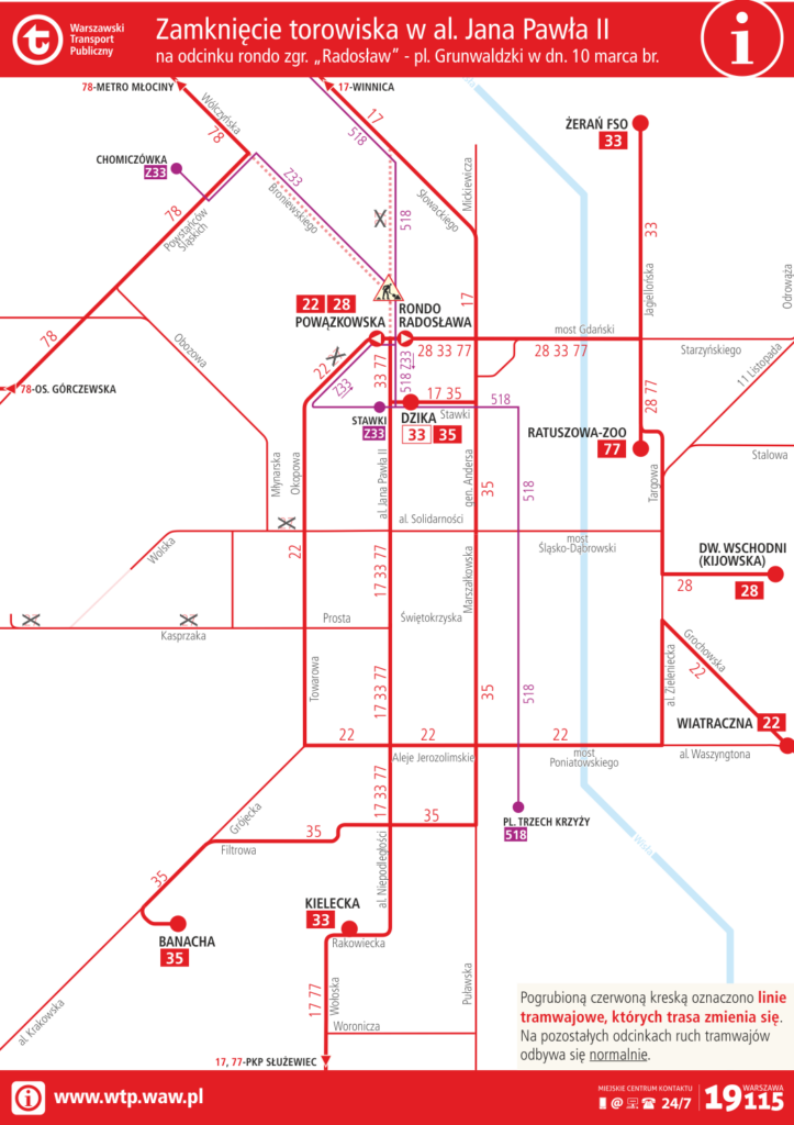 Schemat zmian tras linii tramwajowych podczas zamknięcia torowiska na wiadukcie al. Jana Pawła II w niedzielę 10 marca 2024 roku
