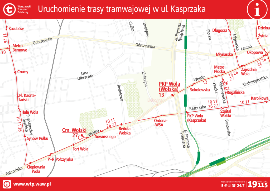 Schemat tras linii tramwajowych w ciągu ul. Kasprzaka
