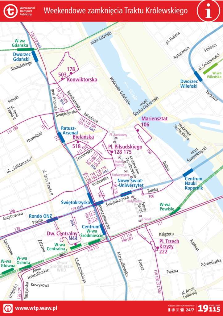 Schemat tras objazdowych linii autobusowych podczas weekendowych zamknięć Traktu Królewskiego