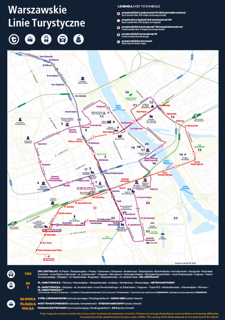 Map of the Warsaw Tourist Lines 2024, including the routes of lines 100, 36, T and the Słonka, Pliszka and Wilga ferries.