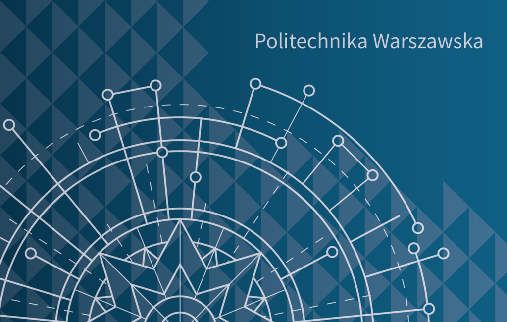 Wzór Karty Miejskiej Politechniki Warszawskiej z wkomponowaną grafiką nawiązującą do przeszklenia gmachu uczelni na niebieskim tle