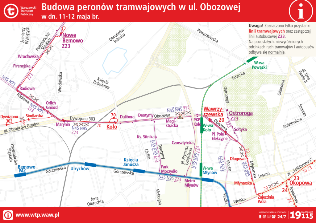 Schemat zmian tras linii tramwajowych i autobusowych